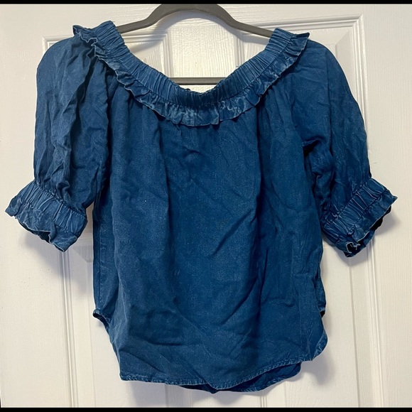 Off the shoulder, crushed fake denim - Picture 2 of 3